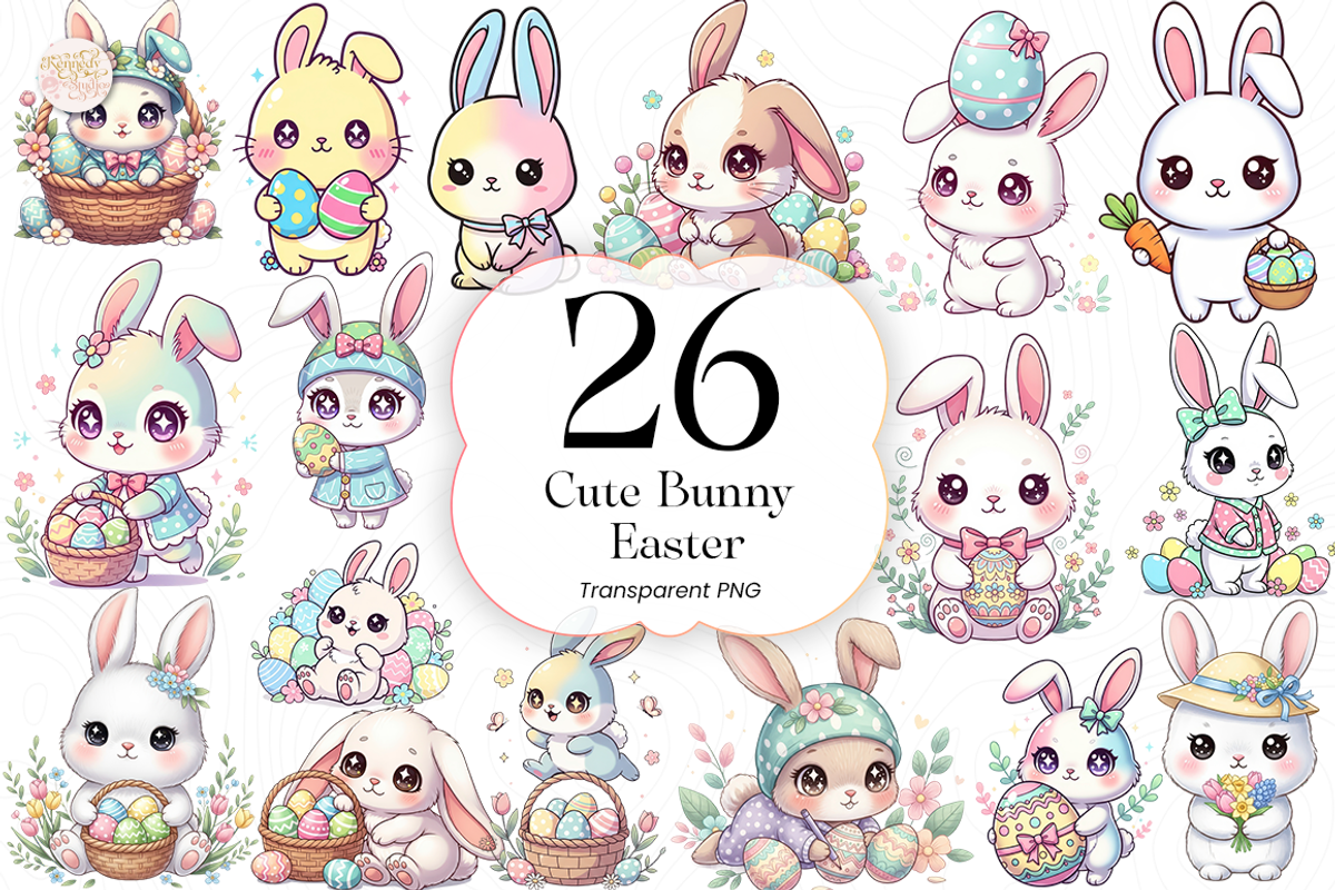 Cute Easter Bunny PNG Clipart., an Animal Illustration by KennedyStudio (Photo 1 of 4)