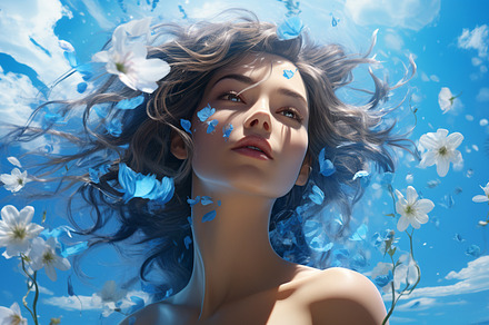 Beautiful young woman with flying ha, a Photo by LOGOCREATIVE