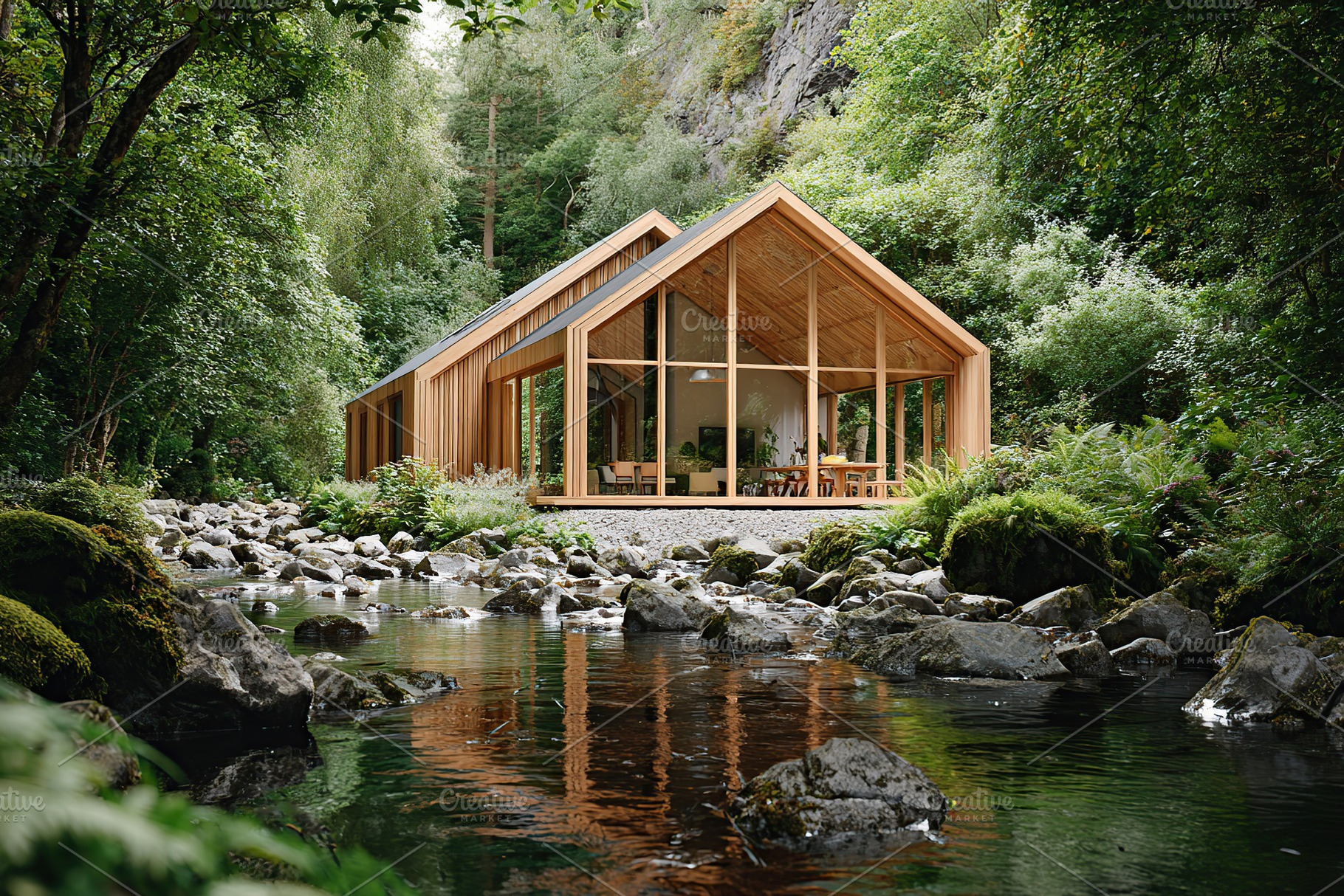 Modern wooden house nestled in a serene rural landscape with a flowing stream, a Photo by AlyaAnd