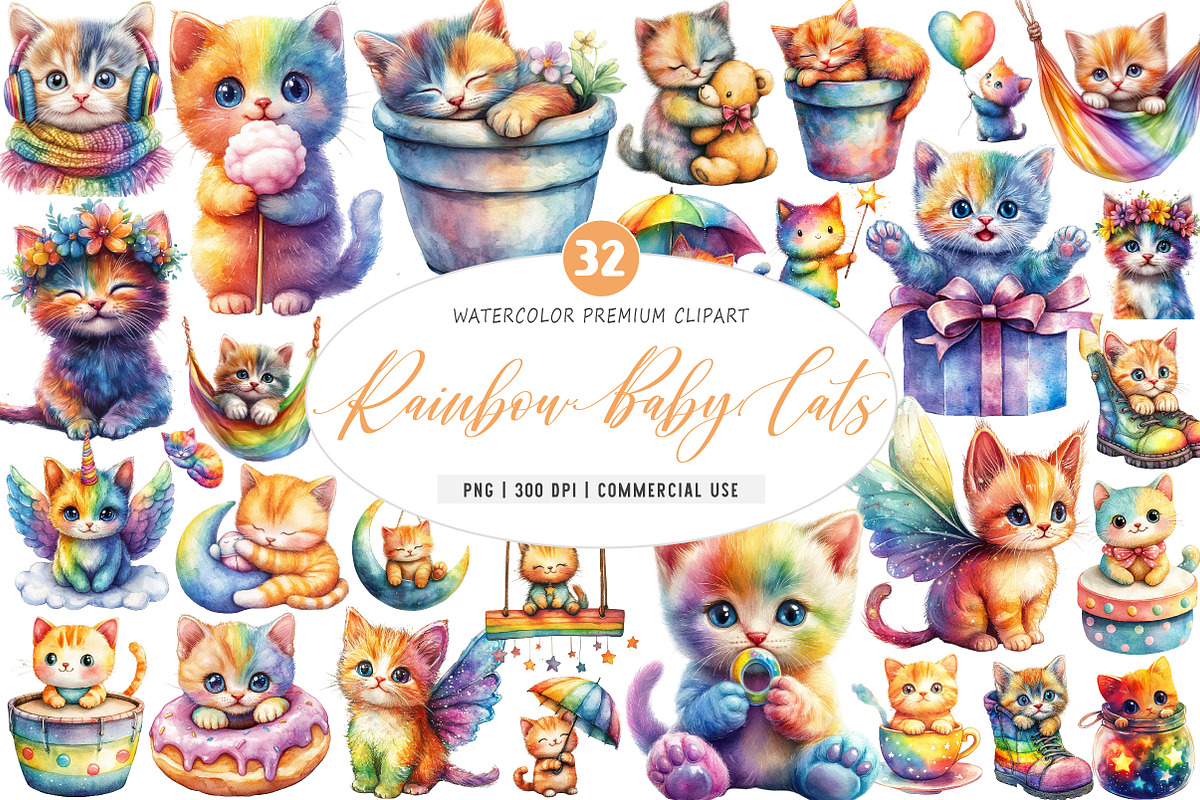 Cute Rainbow Baby Cats PNG, an Illustration by SinaCreation (Photo 1 of 5)
