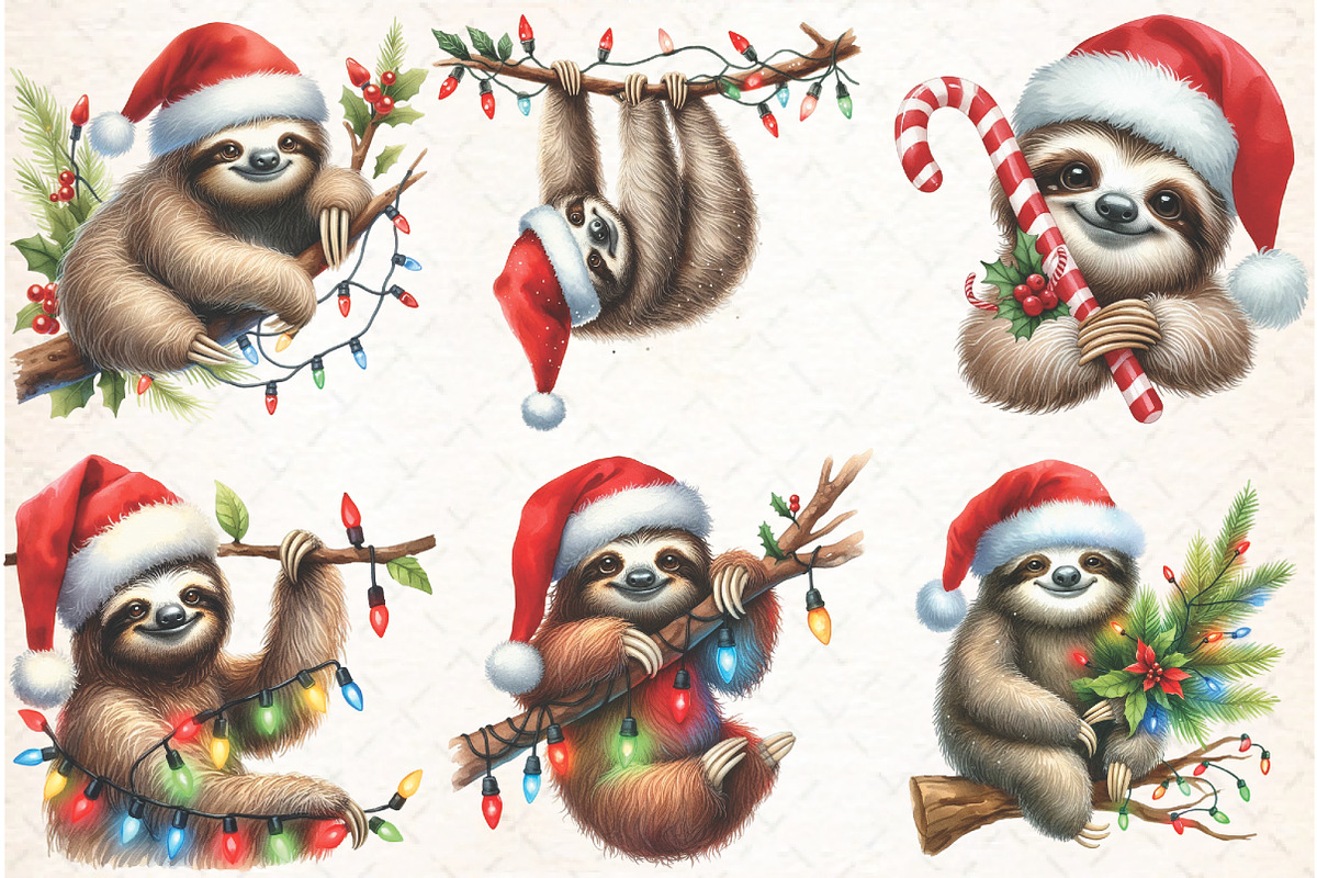 Cute Sloth Christmas Clipart PNG, an Illustration by Libby Wishes (Photo 4 of 13)