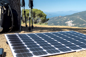 Camping gear and solar panel setup on mountain landscape, perfec, a Photo by Dvoevnore photos