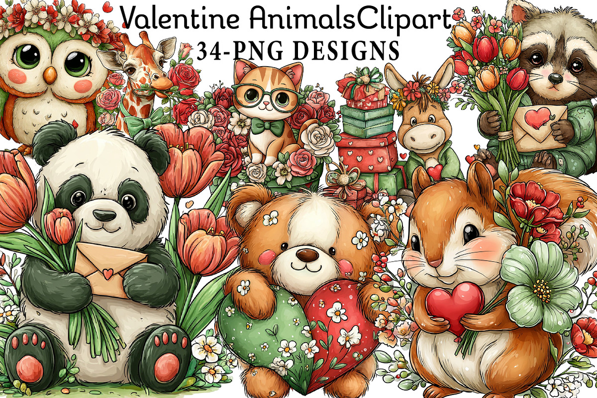 Valentine Animals Watercolor Clipart, an Illustration by Daily.Designs (Photo 1 of 8)