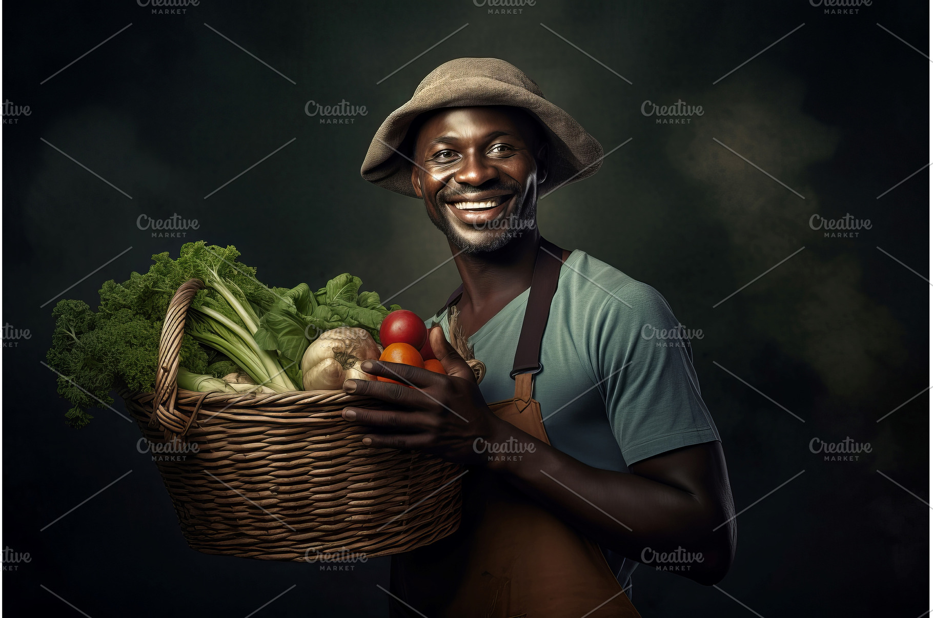 Happy farmer holding a basket with, a Food & Drink Photo by Ylivdesign