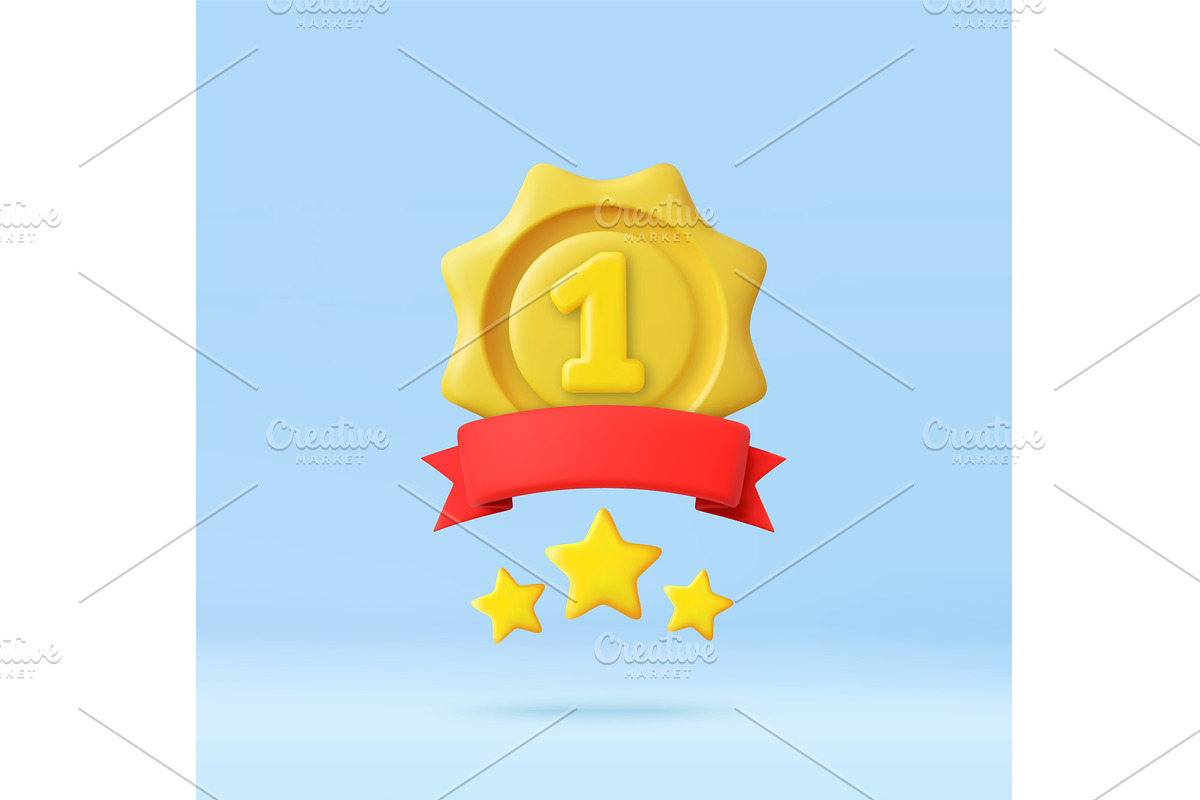 3D First place medal with ribbon and, an Object Illustration by ModVector