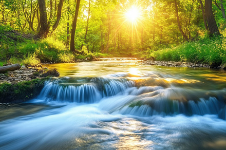 A serene landscape featuring a gentle stream flowing through a lush green fores, a Photo by Textures & Backgrounds