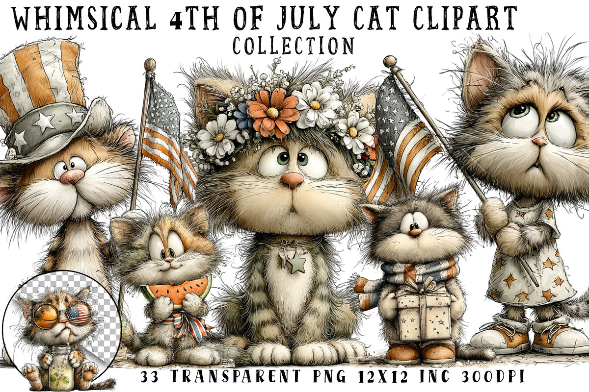 Whimsical 4th Of July Cat Clipart, an Illustration by OK Design (Photo 1 of 6)