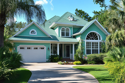Teal House Dream Home Lush Landscapi, a Background Photo by Pixeness