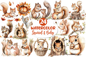 Watercolor Squirrel & Baby Clipart, an Illustration by Dream Creation