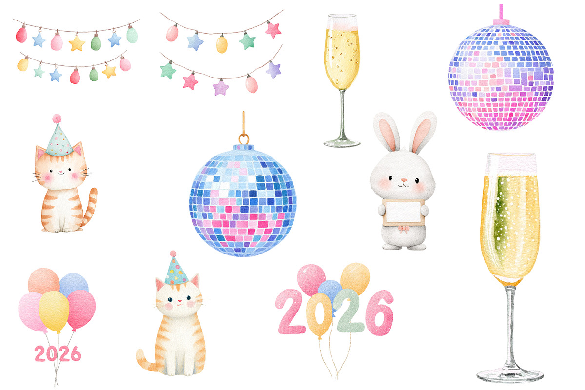 Watercolor cute new year clipart, an Illustration by Designworld (Photo 3 of 5)
