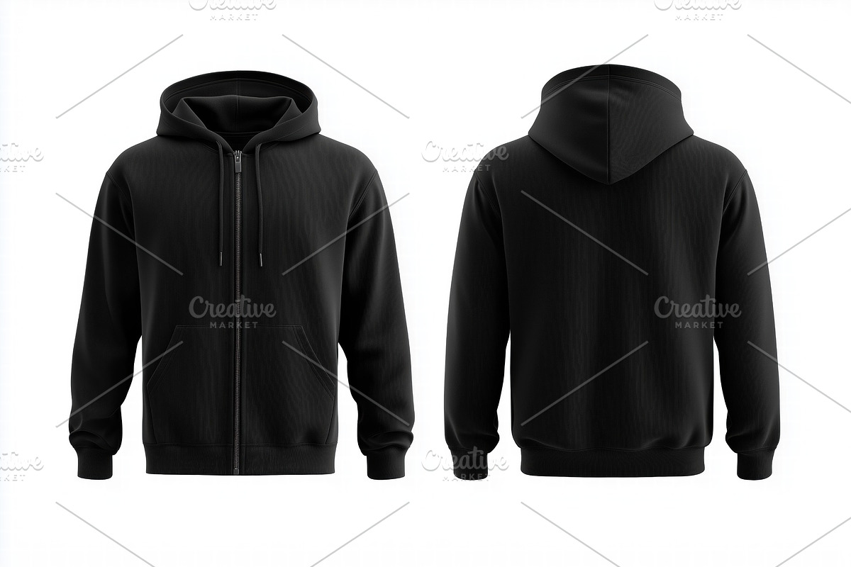 A black zip-up zipped hoodie mockup from the front and back views ...