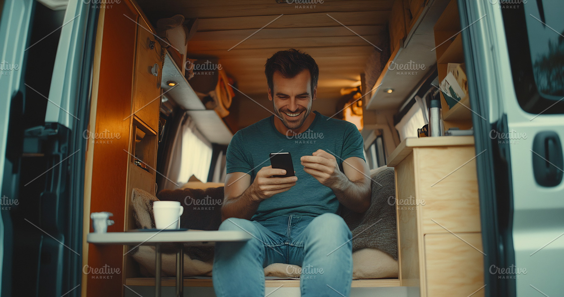 Man relaxes in camper van, a Photo by Beautiful things