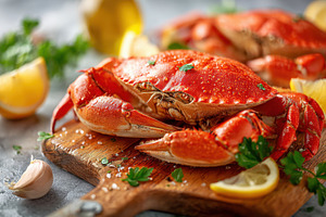Freshly cooked crab with lemon and garlic, a Food & Drink Photo by AlyaAnd