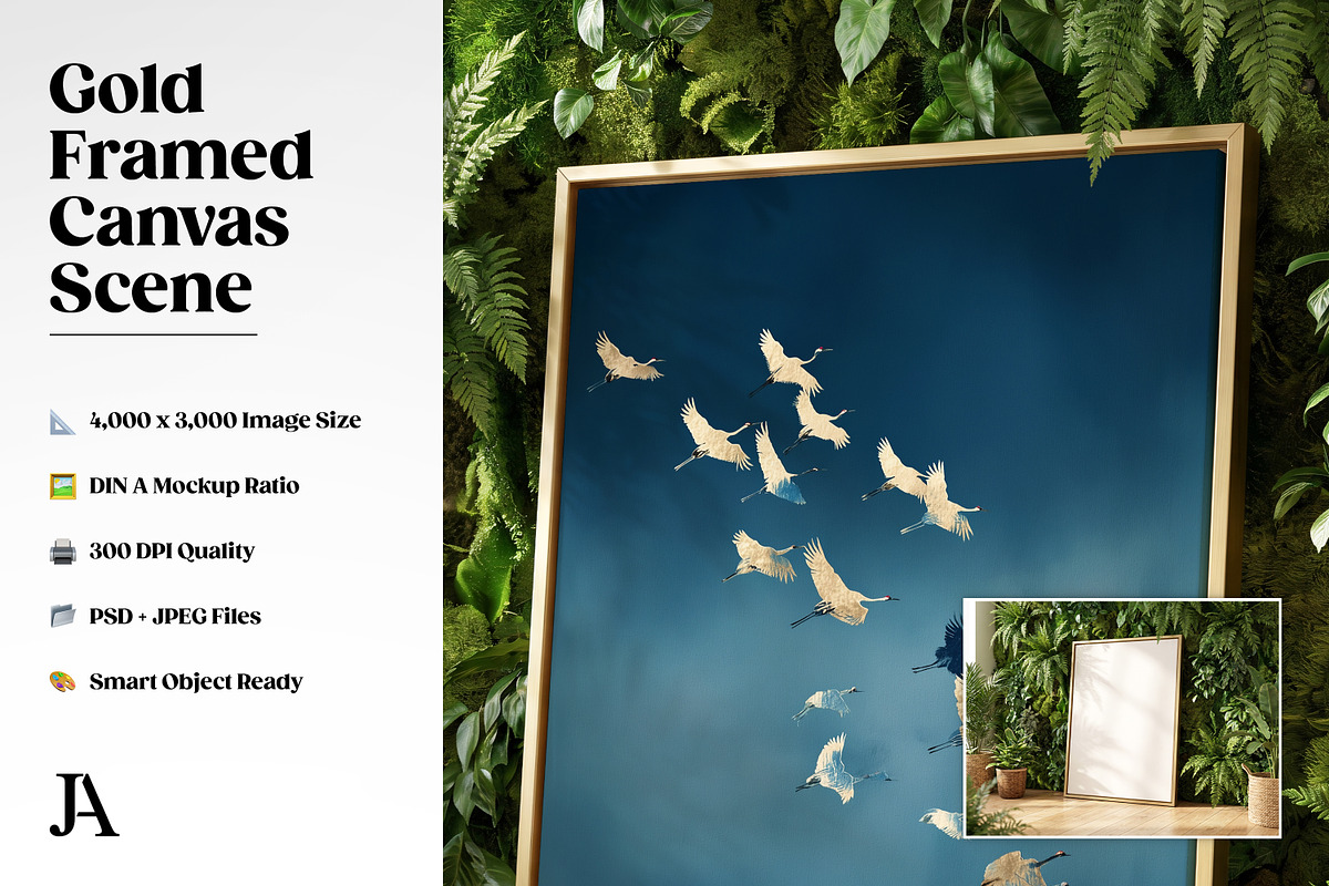 Gold Framed Canvas DIN A PSD Mockup, a Household Mockup by Julian Adams (Photo 2 of 3)