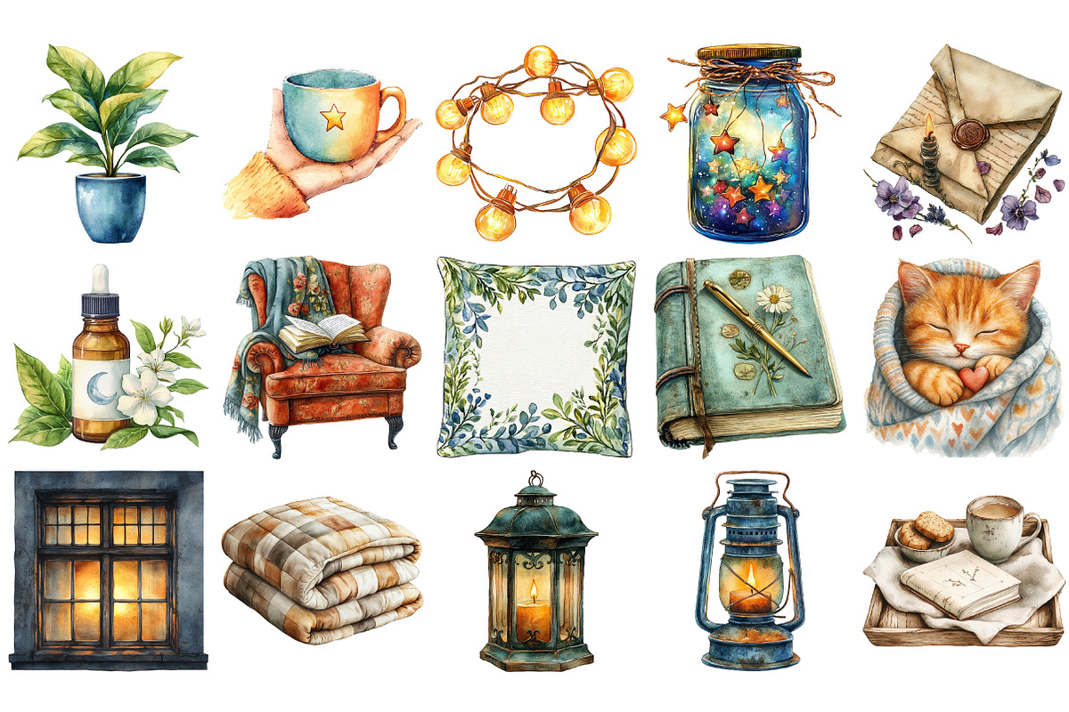 Watercolor Cozy Evening Clipart, an Illustration by Craft Nest (Photo 3 of 4)