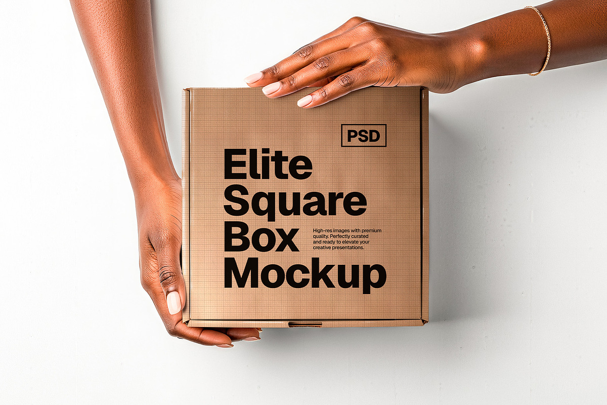 Square Box Packaging Mockup & Hands, a Packaging Mockup by Elite Mockups (Photo 3 of 8)