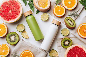 Freshly sliced summer fruits with reusable bottles for a vibrant picnic spread, a Beauty & Fashion Photo by AlyaAnd