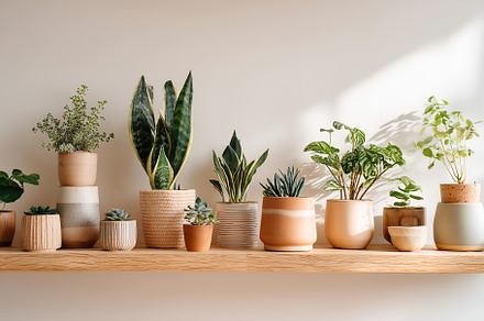 Variety of indoor plants displayed on a wooden shelf in a bright setting, a Nature Photo by AlyaAnd