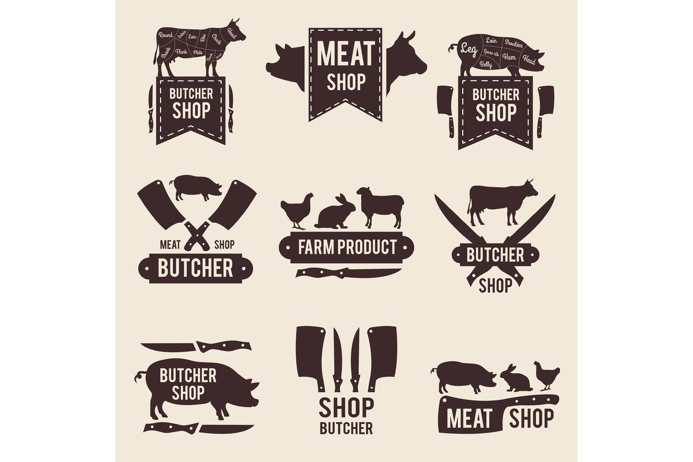 Design of monochrome labels set for butcher shop with illustrations of ...