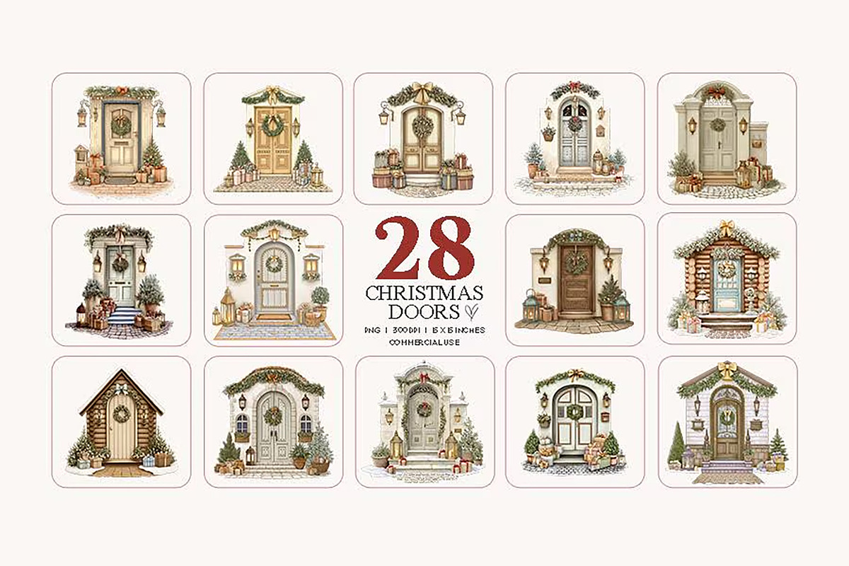Christmas Door Clipart Bundle, a Seasonal Illustration by Bijou Bay (Photo 3 of 4)