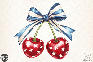 4th of July Coquette Cherry Bow, an Illustration by Libby Wishes
