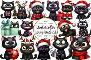 Christmas Funny Black Cat Clipart, an Illustration by OK Design