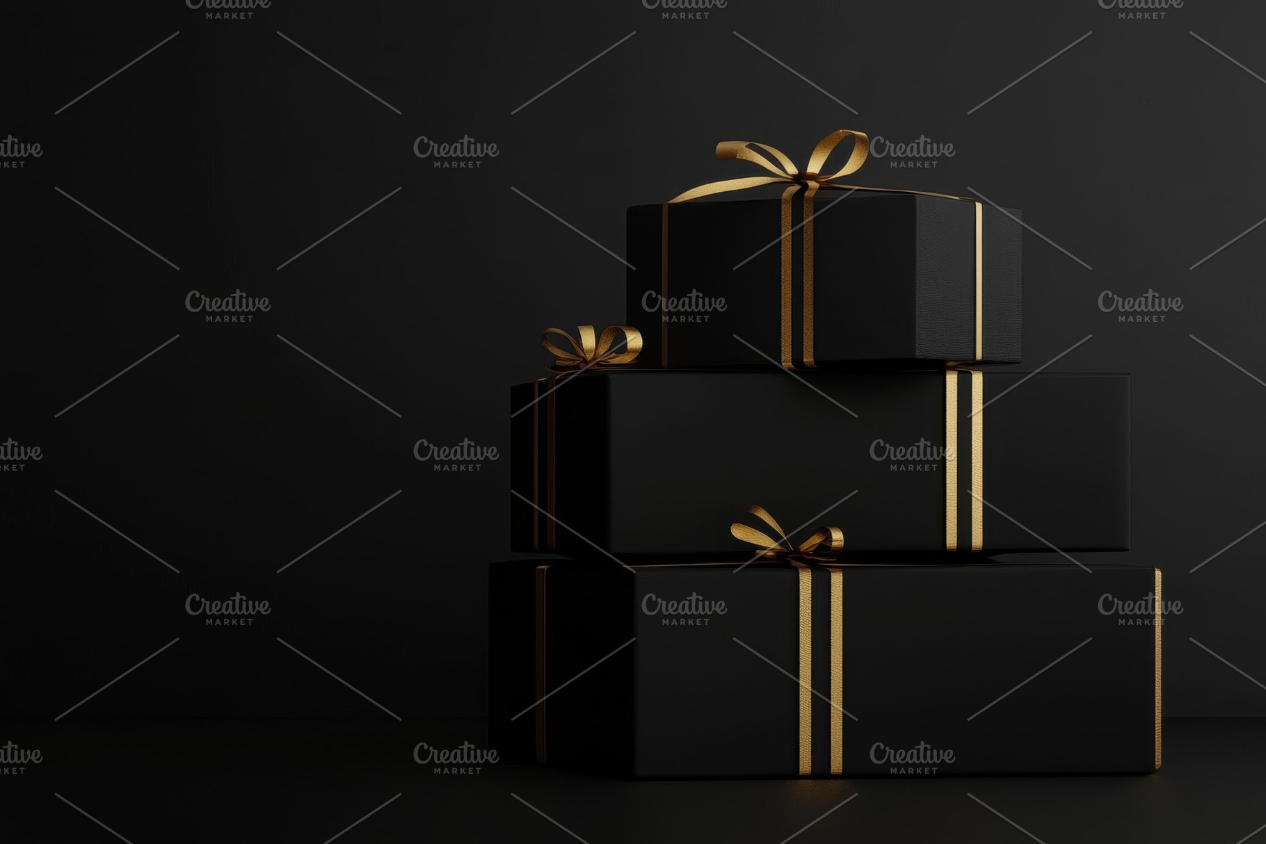 Decorative black gift boxes with gol, a Photo by Tanuart