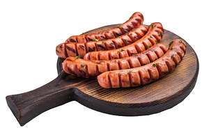 Top view of five cooked sausages with distinct grill marks. Exce, a Food & Drink Photo by composter-box@mail.ru