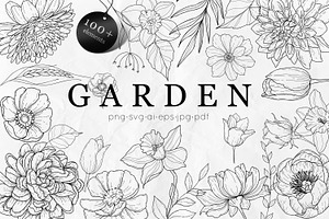 Garden Flowers Bundle Line Art SVG