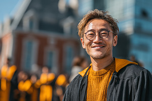 Happy asian graduate in academic gown celebrating outside with group of classma, a Photo by AS photostudio