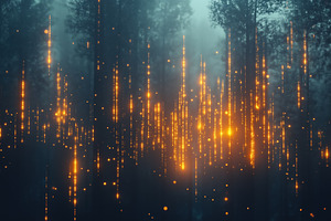 A mystical forest scene with glowing golden lights scattered throughout the tre, a Photo by Textures & Backgrounds