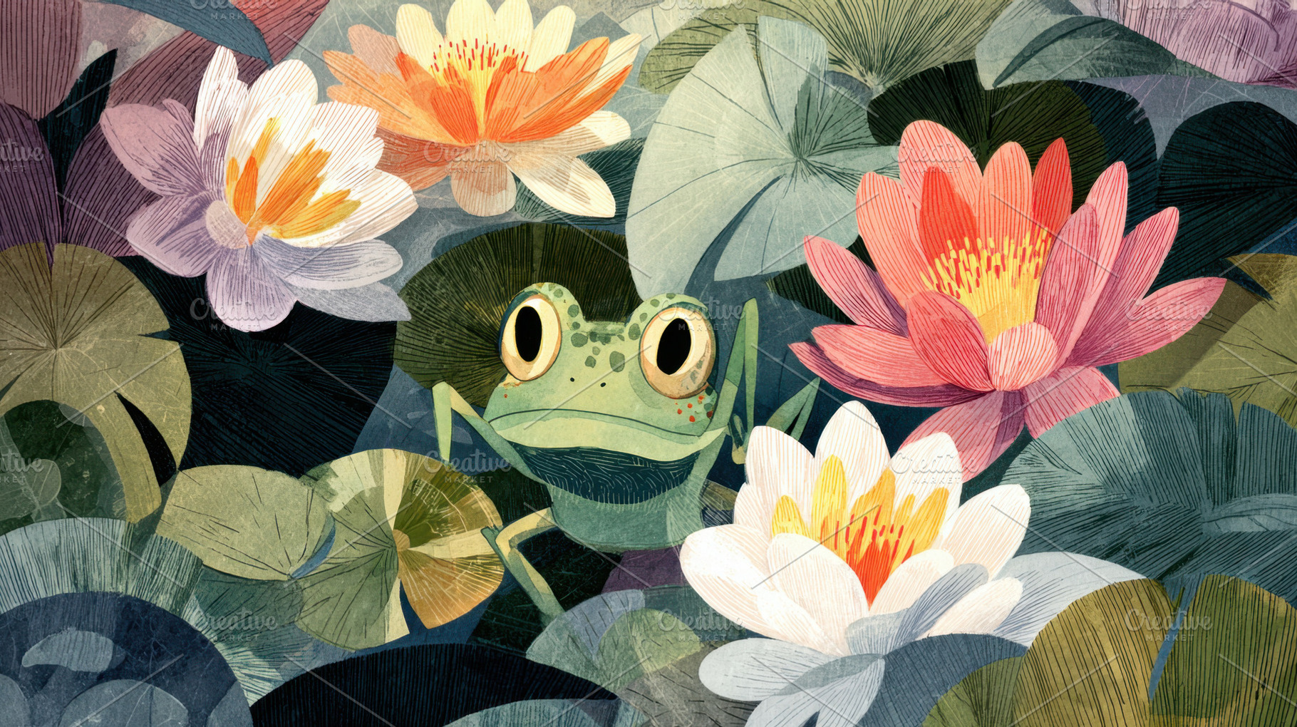 Frog among lilies in a garden, a Photo by Beautiful things