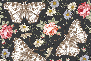 Seamless Butterflies Flowers Roses