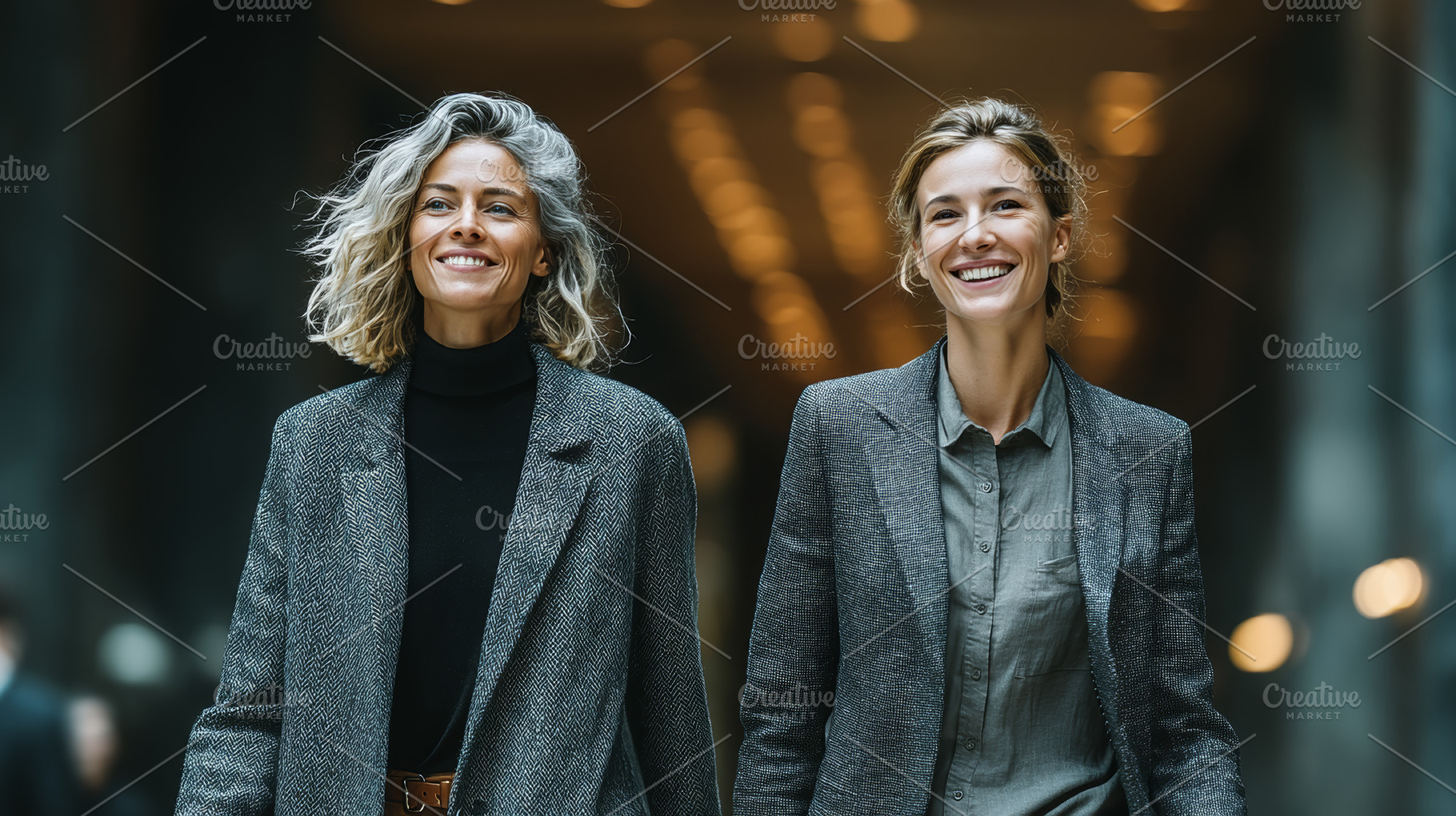 Two confident businesswomen walking through a modern office building corridor, a Business Photo by AS photostudio