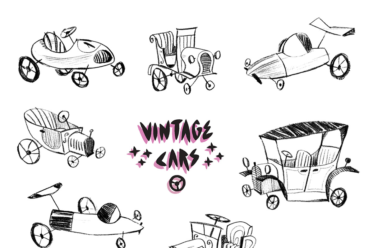 Sketchy vintage cars set, an Illustration by RasterBird (Photo 3 of 4)