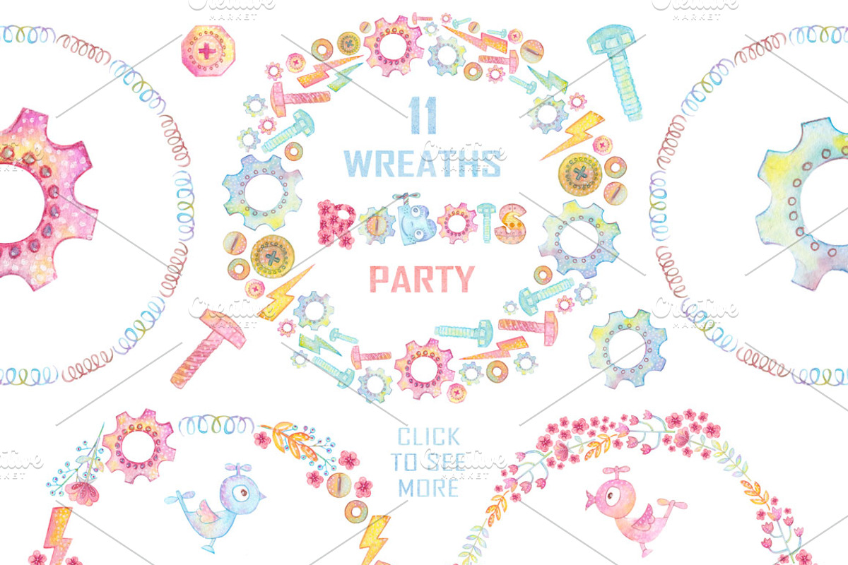Watercolor Robots Party, an Animal Illustration by antuanetto (Photo 3 of 15)