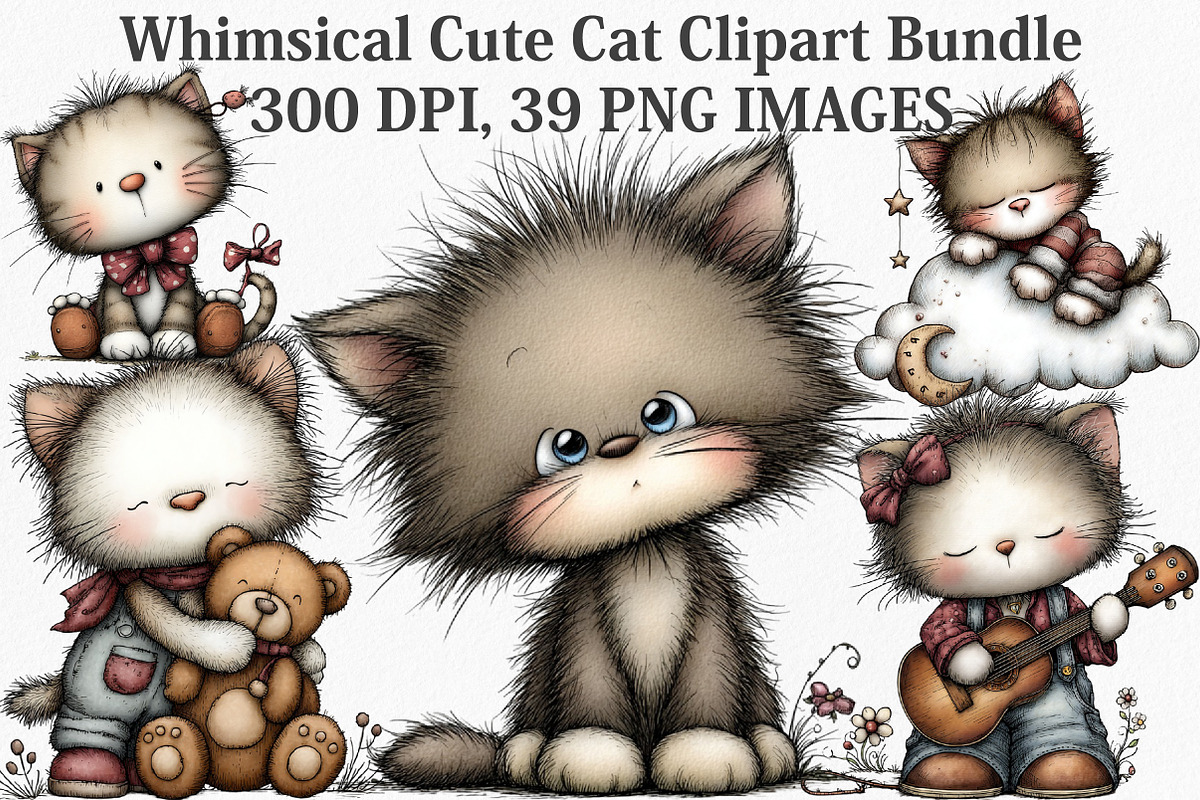 Whimsical Cute Cat Clipart Bundle, an Illustration by Canvas Craft (Photo 1 of 7)