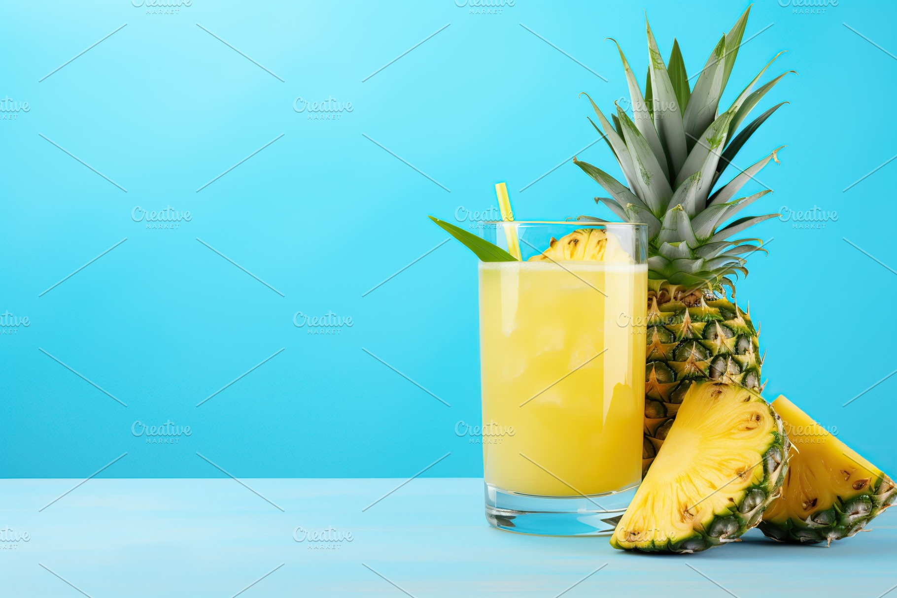 Sliced pineapples and glass of juice on blue background, a Food & Drink Photo by AlyaAnd