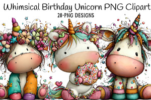 Whimsical Birthday Unicorn PNG Clipa, an Illustration by Daily.Designs