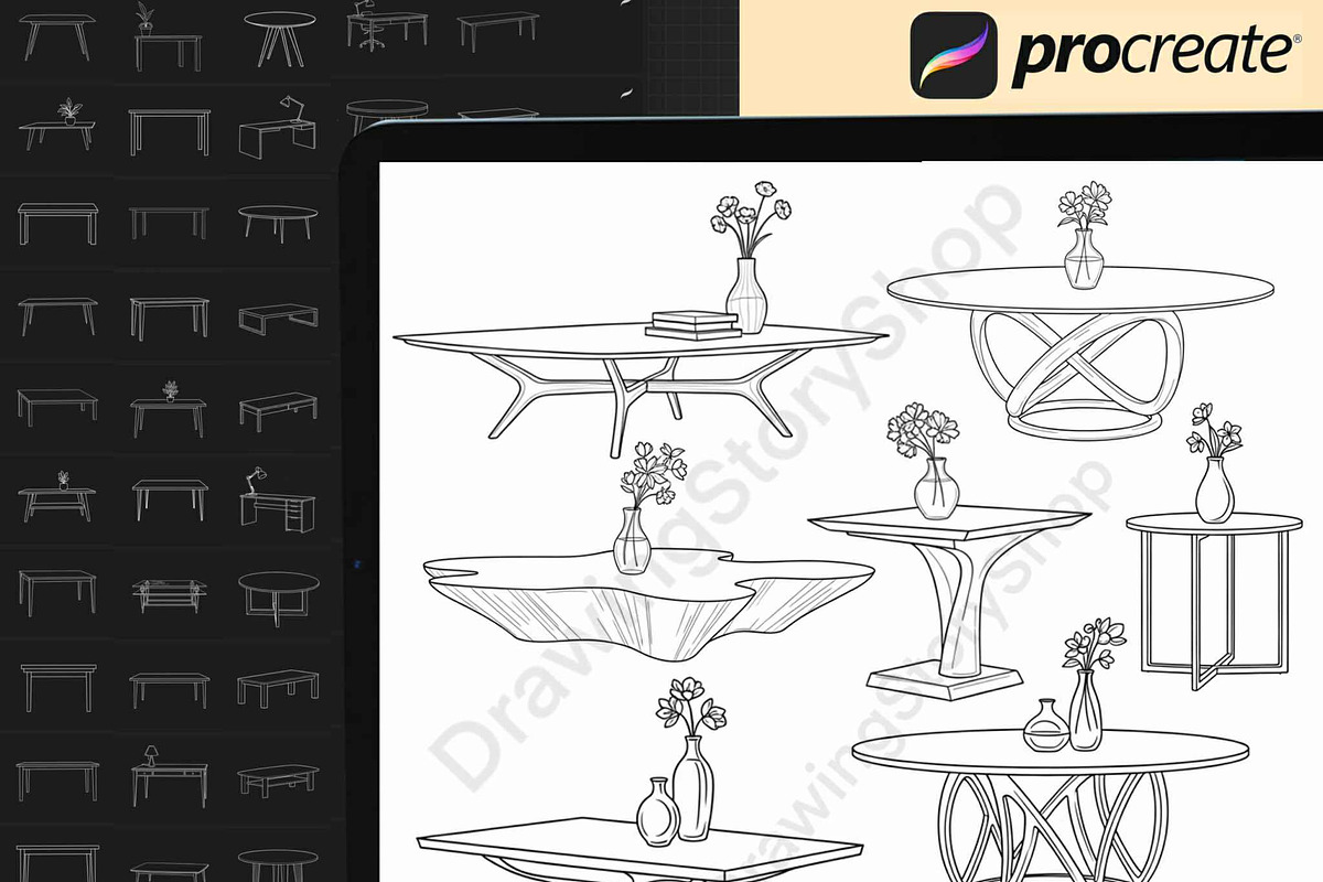 120 Procreate Tables Stamp Brushes, a Brush Add-On by DrawingStoryShop