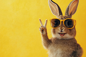Rabbit in sunglasses gives peace sign against a bright yellow background, an Animal Photo by AlyaAnd