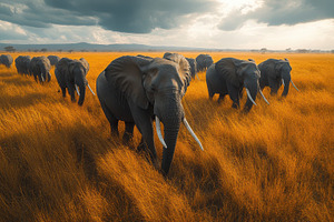 Elephant herd migrates across golden, an Animal Photo by Pixeness Studio