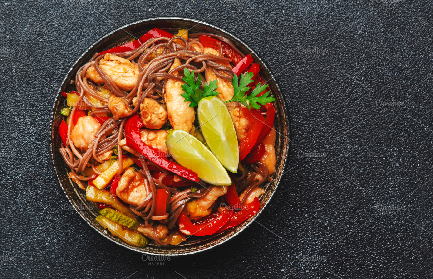 Asian cuisine, stir fry noodles with chicken and vegetables and, a Food & Drink Photo by 5PH
