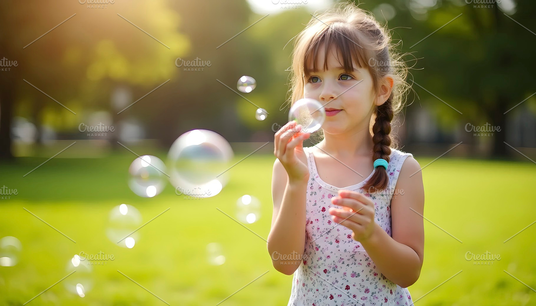Cute little girl blowing soap bubble, a Photo by LOGOCREATIVE