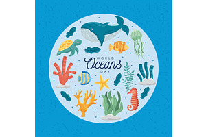 world oceans day circular frame, an Illustration by studiogstock