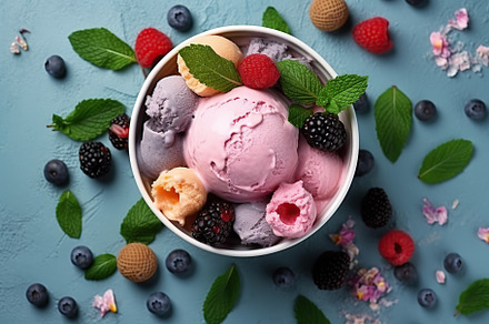 Sweet ice cream balls with berries in bowl. Generative AI, a Food & Drink Photo by AlyaAnd