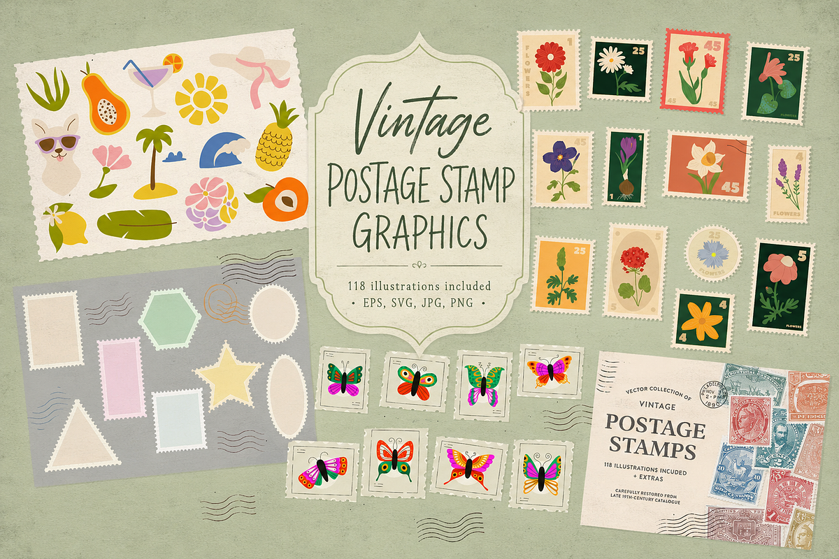 Vintage Postage Stamp Graphics, a Decorative Illustration by Anna Studio (Photo 1 of 12)