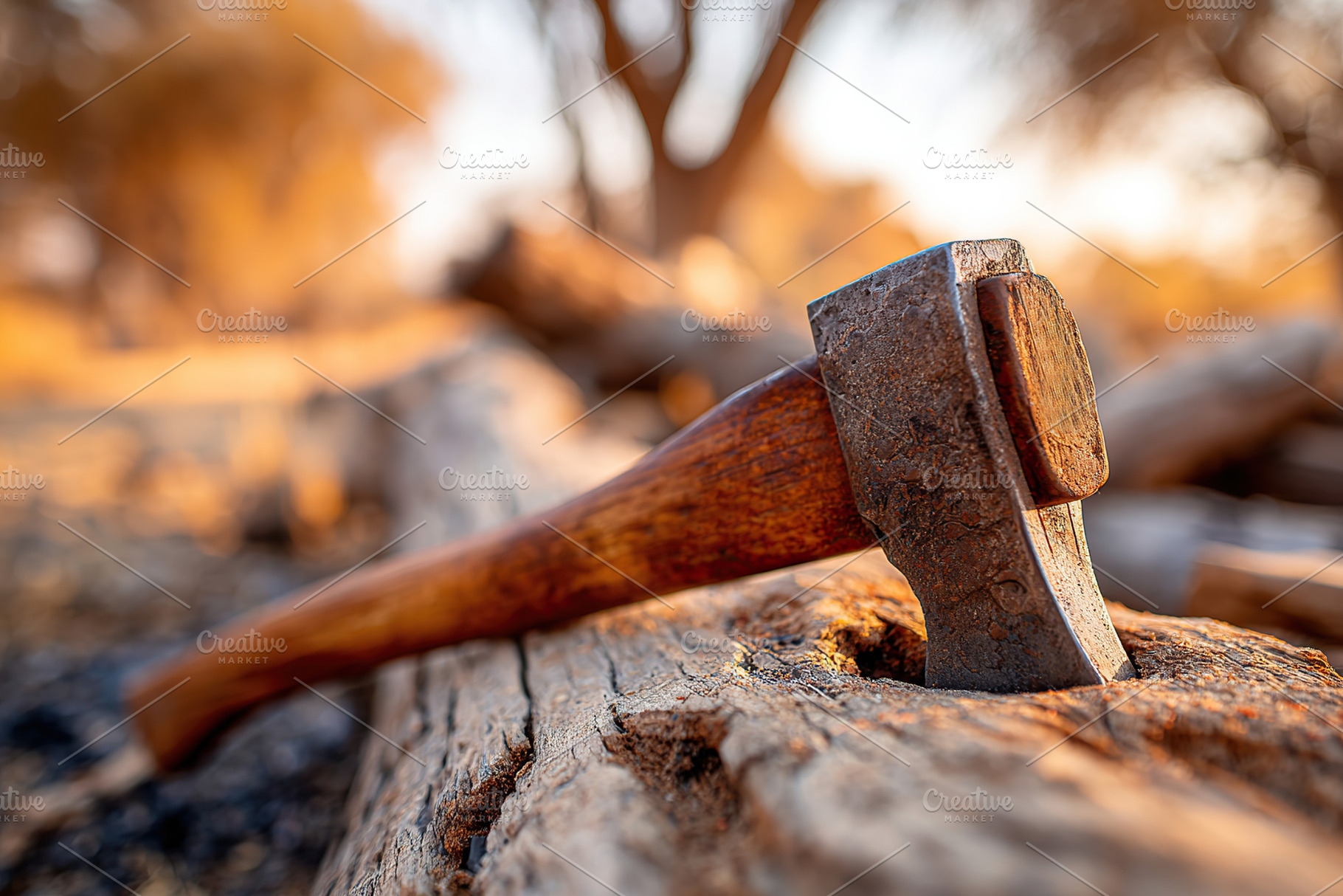 Axe resting on log during golden hour in a tranquil outdoor setting, a Photo by AlyaAnd