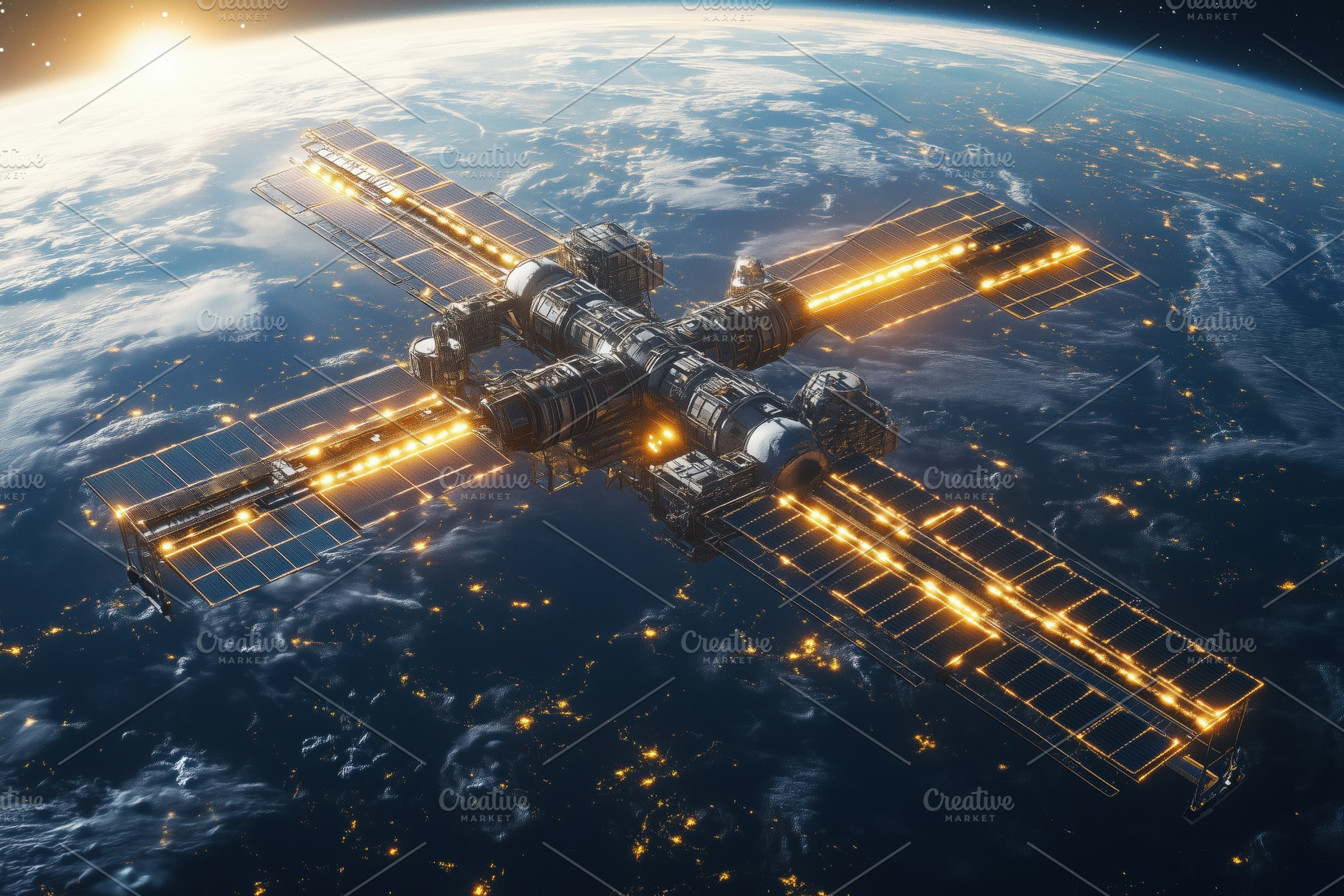 A futuristic space station orbiting Earth, illuminated by sunlight. The station, a Technology Photo by Textures & Backgrounds