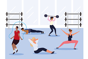 people exercising at gym, a Person Illustration by studiogstock